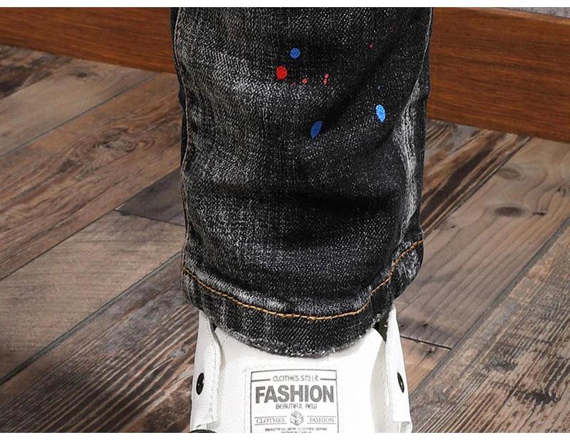 Fashion Streetwear Men Jeans Retro Blue Elastic Slim Fit Ripped Jeans Men Painted Designer Elastic Hip Hop Denim Pencil Pants - So Real Fashion