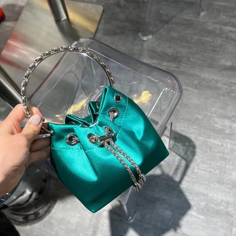 Luxury Designer Glitter Diamonds Tassel Bucket Bag Metal Ring Handheld Women's Handbag Wedding Party Clutch Purse Shoulder Bag - So Real Fashion