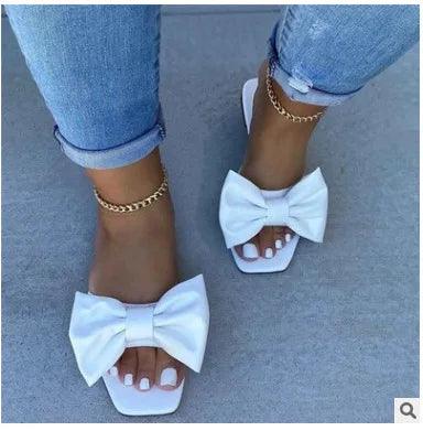 Fashion Summer Plus Size One-line Solid Color Bow Flat Sandals Outdoor Beach Slippers Elegant Women Shoes. - So Real Fashion