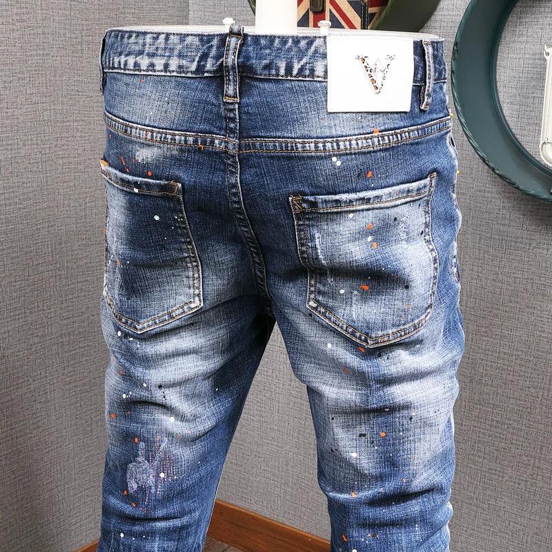 Fashion Streetwear Men Jeans Retro Blue Elastic Slim Fit Ripped Jeans Men Painted Designer Elastic Hip Hop Denim Pencil Pants - So Real Fashion