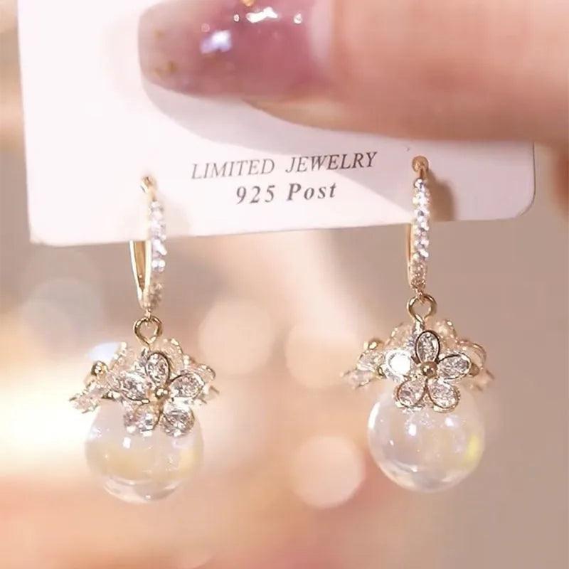 Flower Zircon Hoop Earrings for Women Temperament Pearl Dangle Earring Valentines Day Gift Jewelry Pendientes - So Real Fashion