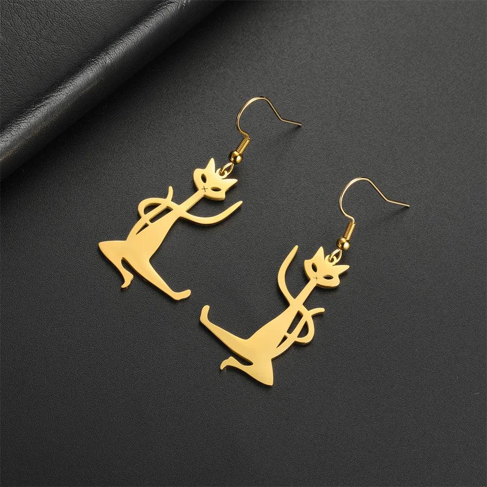 My Shape Kung Fu Cat Earrings Stainless Steel Gold Color Funny Cat Kitten Drop Earrings for Women Animal Lovers Fashion Jewelry - So Real Fashion