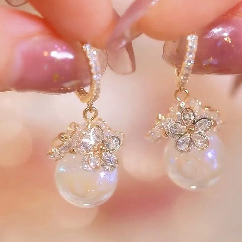 Flower Zircon Hoop Earrings for Women Temperament Pearl Dangle Earring Valentines Day Gift Jewelry Pendientes - So Real Fashion