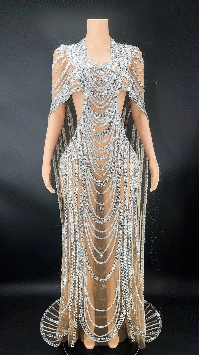 Silver Sequin Women's Elegant Designer Fashion Long Dress - So Real Fashion