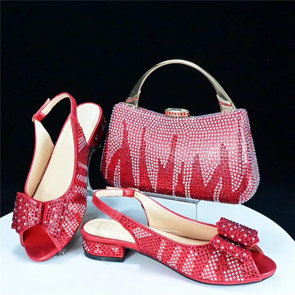 Autumn Fashion PU With Rhinestone Woman Sandal Shoes And Bag Set Elegant Low Heels Shoes And Bag To Match Set For Party - So Real Fashion