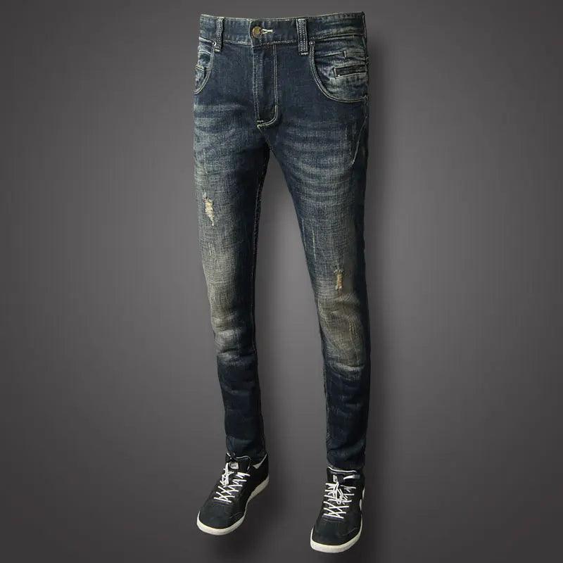 Fashion Streetwear Men Jeans Retro Black Blue Stretch Slim Fit Ripped Jeans Men Spliced Designer Hip Hop Vintage Denim Pants - So Real Fashion