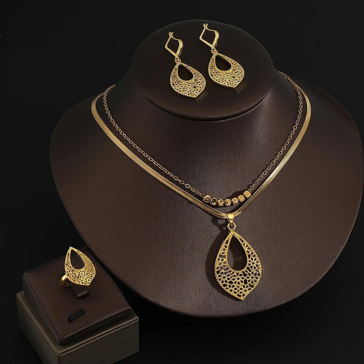 Golden Stainless steel necklace + earrings + ring Set for Women's Jewelry glossy round geometric flowers Pendant Fashion Gift - So Real Fashion