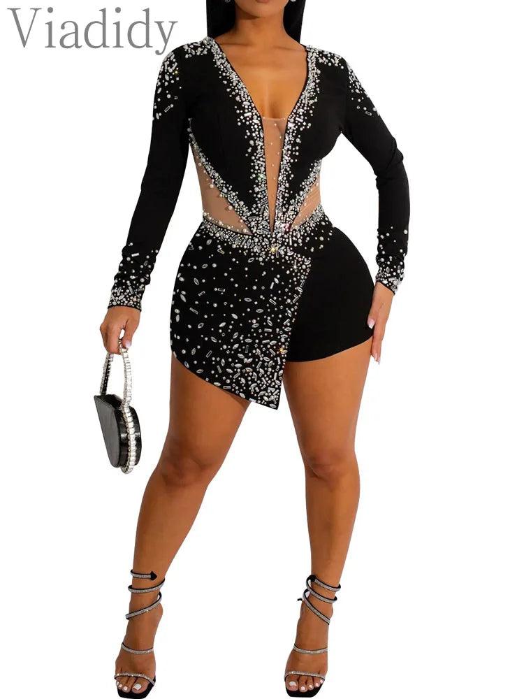 Women Sexy Rompers V-Neck Mesh Rhinestone Skinny Long Sleeve Playsuits - So Real Fashion