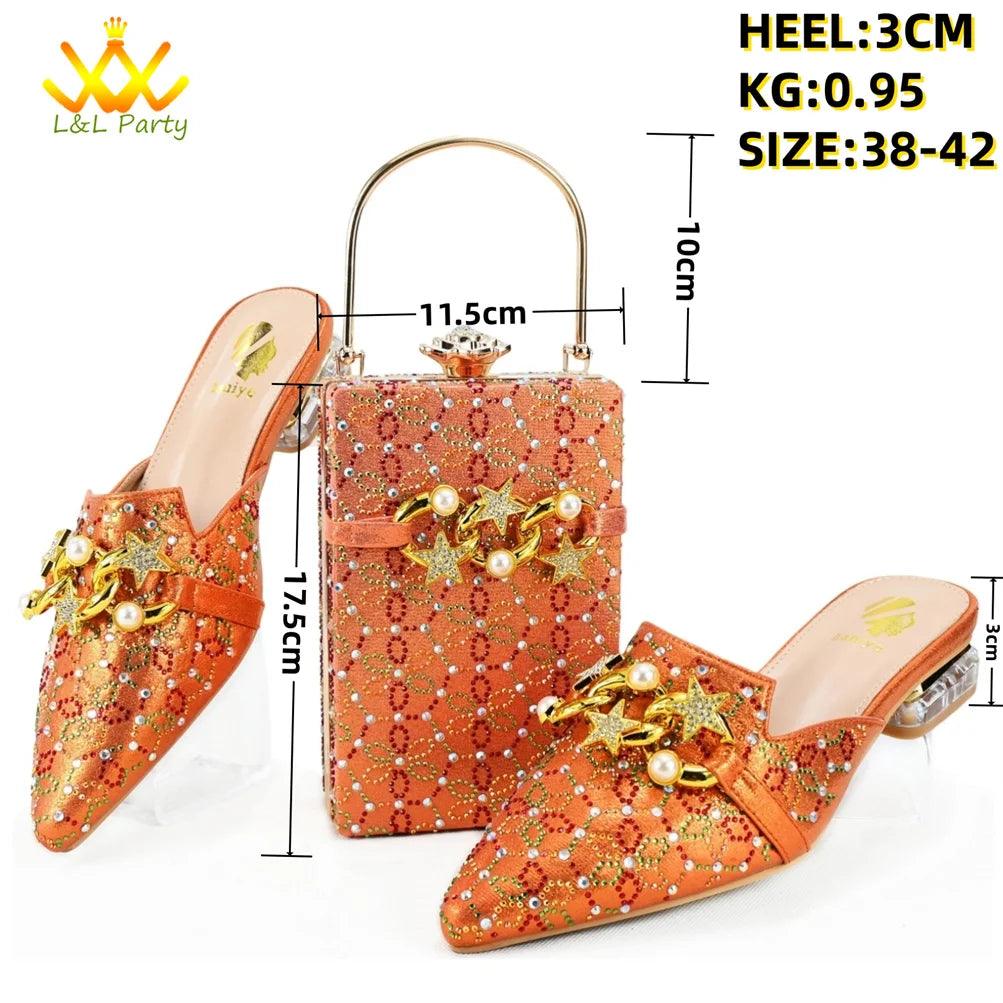 Low Heels Comfortable Sweet Style Italian Design Shoes Matching Bag Set in Orange Color High Quality with Crystal for Dress - So Real Fashion