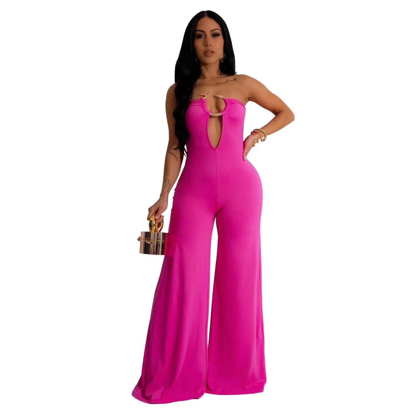 LKF Fashion Party Women's Jumpsuit Solid Color Chest Wrap Off Shoulder Hollow Fit Sexy Wide Leg Long Jumpsuit - So Real Fashion