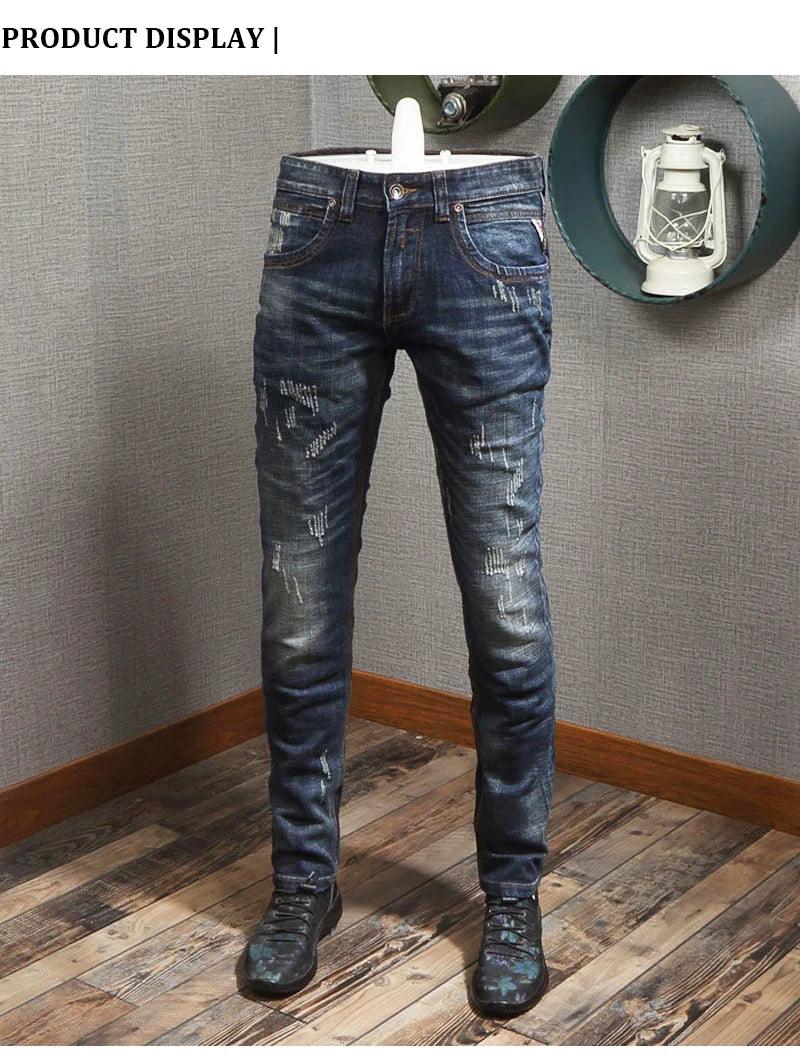 Newly Designer Fashion Men Jeans Retro Blue Elastic Slim Fit Ripped Jeans Men Italian Style Vintage Casual Denim Pants Hombre - So Real Fashion