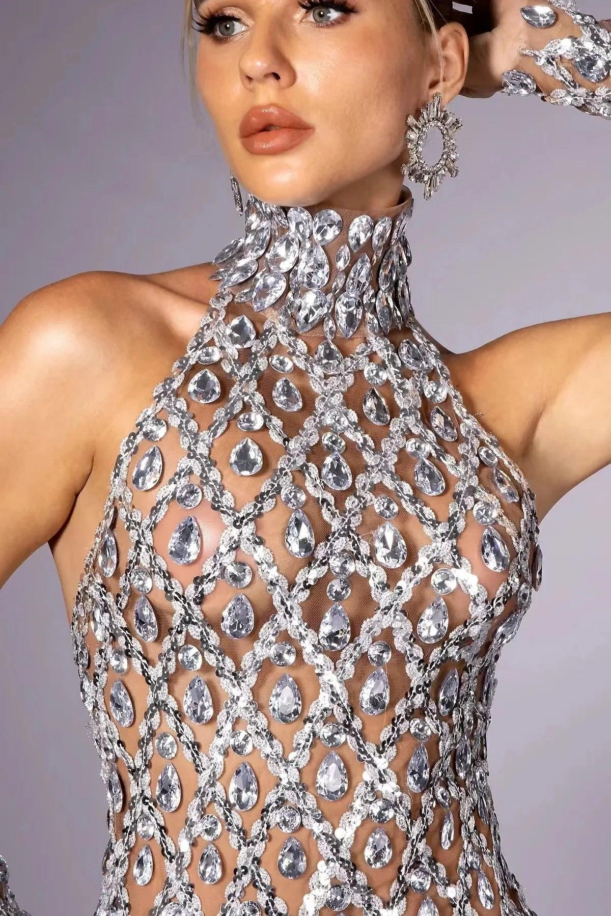 Callie Diamond Sequin Halterneck Mesh Sheer Dress In Silver Shaokaojia - So Real Fashion