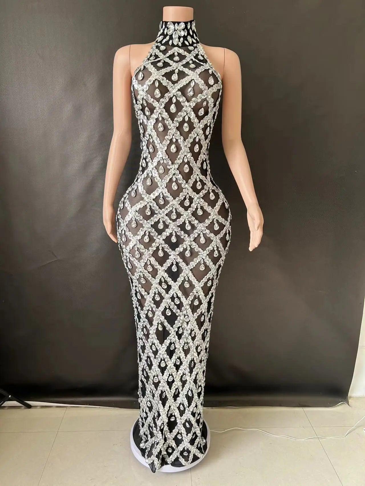 Women Sexy Stage Shining Rhinestone Sequins Dress Evening Prom Birthday Dress Transparent Performance Singer Club Host Dress 7G - So Real Fashion