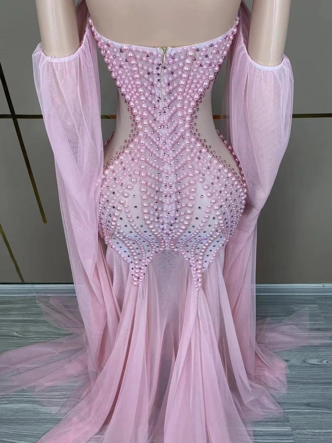 Sexy Stage Pink Mesh Pearls Dress Women Dance Costumes Birthday Bar Nightclub Party Dress Female Singer Performance Stage Outfit - So Real Fashion