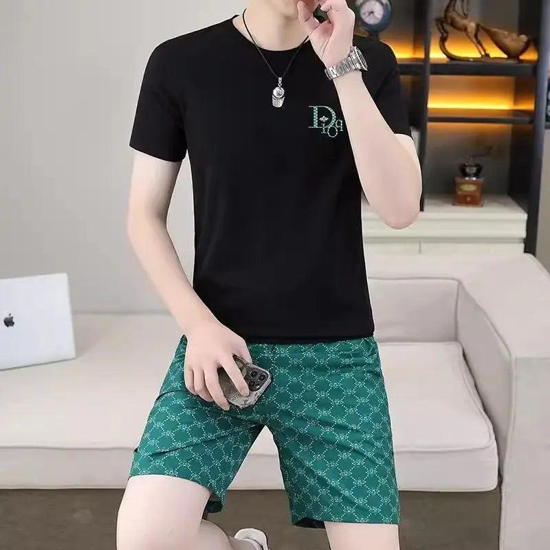 2025 New Men's Clothing Handsome Splicing Printed Short-sleeved T-shirt Shorts Trendy Brand Sports Quick-drying Casual Suit - So Real Fashion