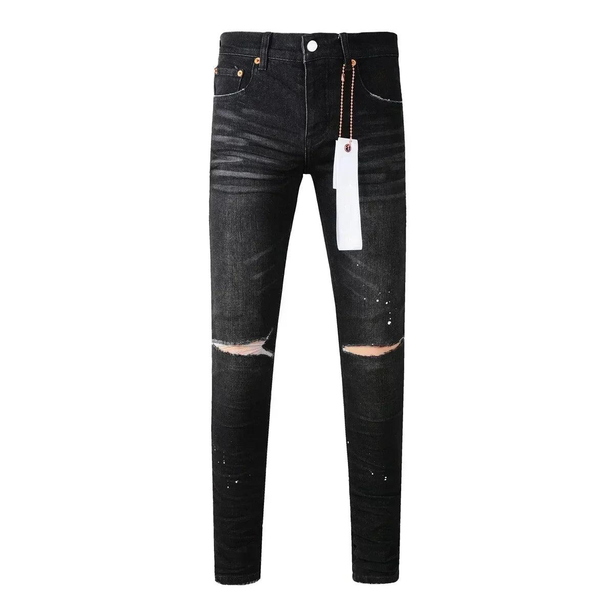 Purples Jeans Men Fashion high quality High Street Black Paint Dot Knife Cut Hole Repair Low Rise Skinny Denim brand Pants - So Real Fashion