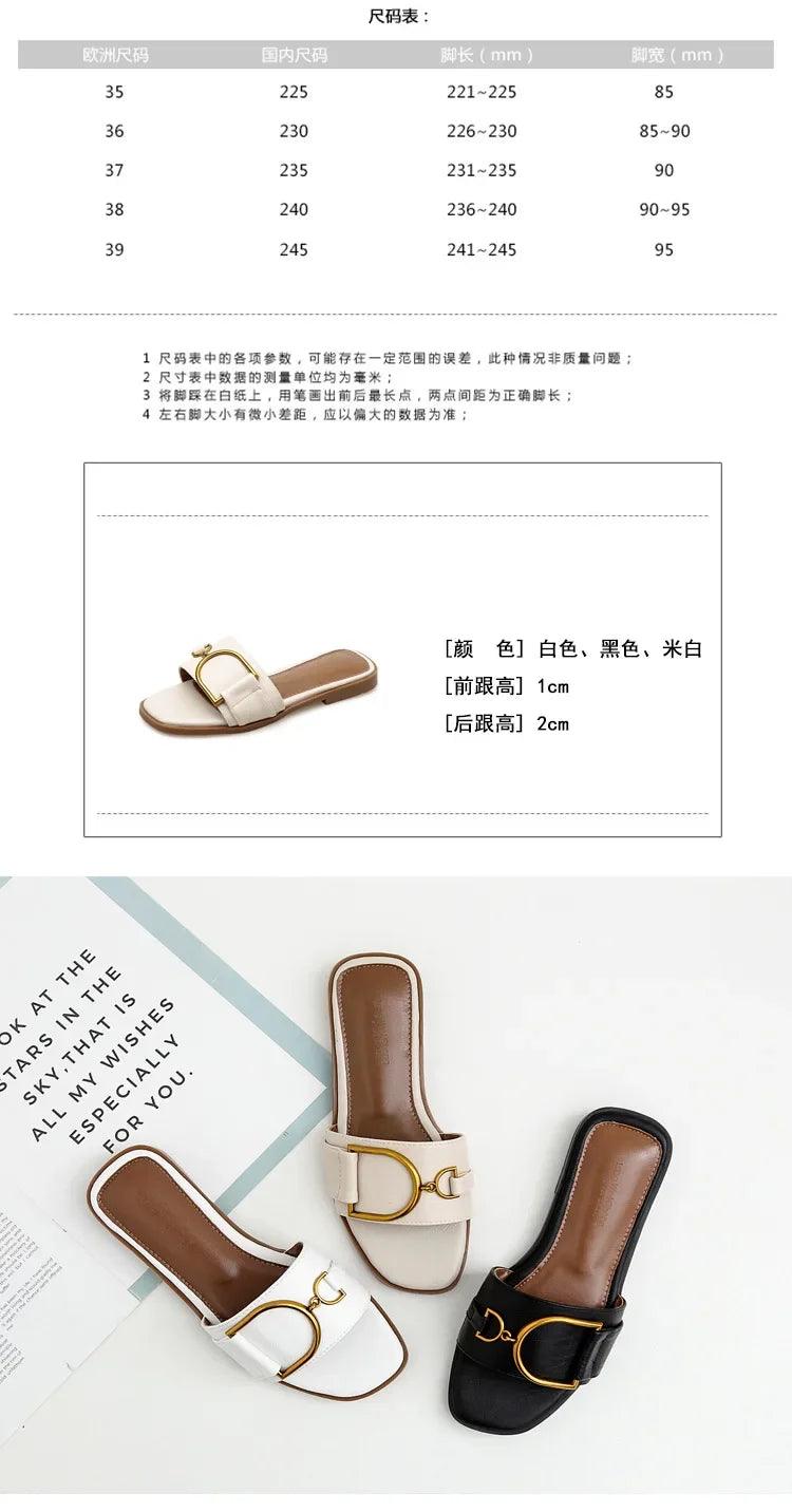 Summer Women Slippers Leather Square Toe Women Flats Flip Flops Designer Ladies Slides Sandals Women Shoes Luxury Sandals - So Real Fashion