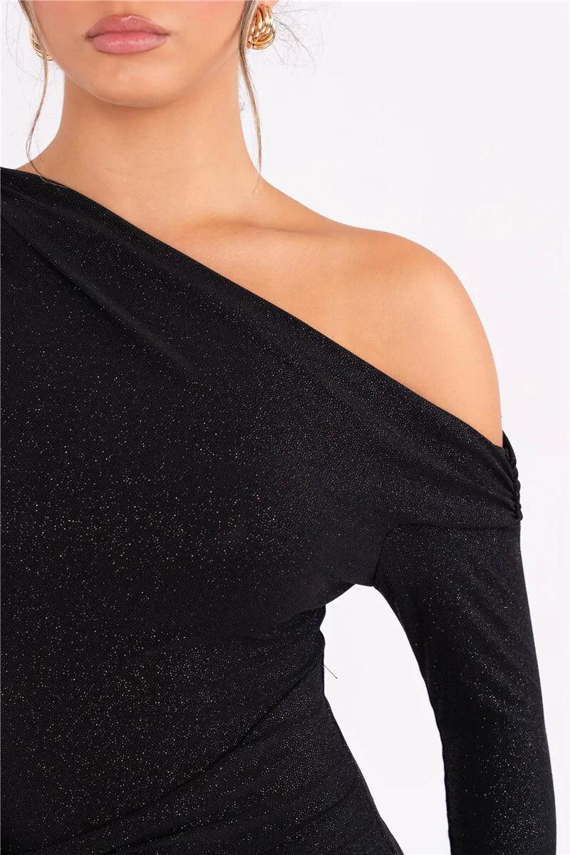 Mozision Sparkle Long Sleeve Sexy Maxi Dress For Women Inclined Shoulder Backless Bodycon Ruched Club Party Sexy Long Dress - So Real Fashion