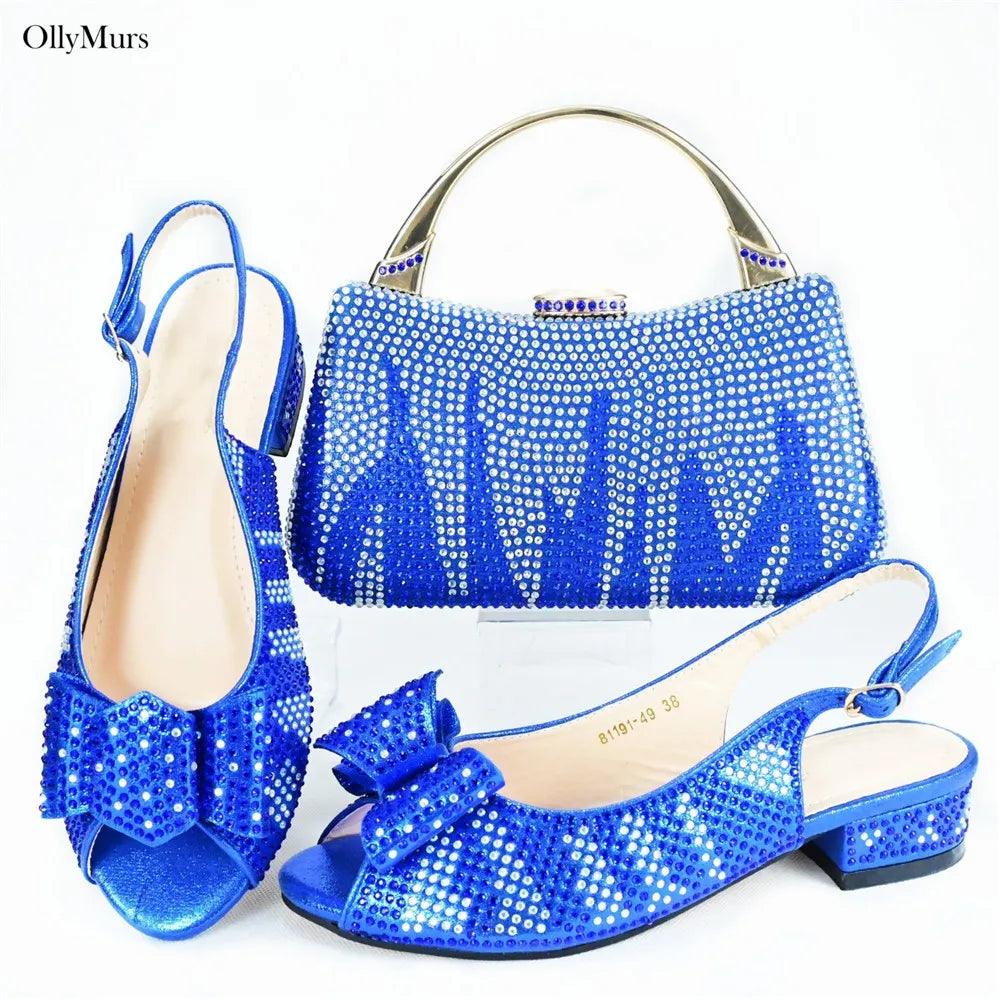 Autumn Fashion PU With Rhinestone Woman Sandal Shoes And Bag Set Elegant Low Heels Shoes And Bag To Match Set For Party - So Real Fashion