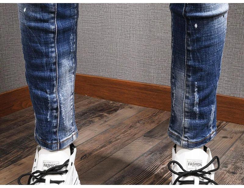 Fashion Streetwear Men Jeans Retro Blue Elastic Slim Fit Ripped Jeans Men Painted Designer Elastic Hip Hop Denim Pencil Pants - So Real Fashion