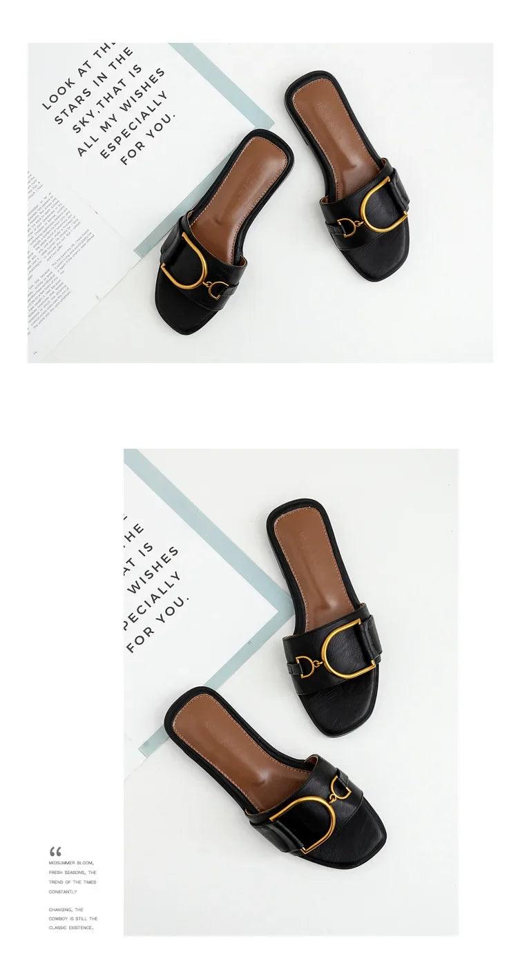 Summer Women Slippers Leather Square Toe Women Flats Flip Flops Designer Ladies Slides Sandals Women Shoes Luxury Sandals - So Real Fashion