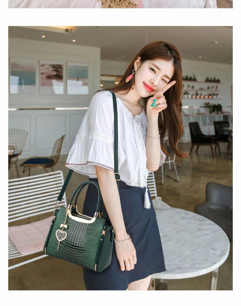 Glossy Crocodile Pattern Handbag, Women's Top Handle Satchel Purse, Fashion Crossbody Bag With Tassel Pendant - So Real Fashion