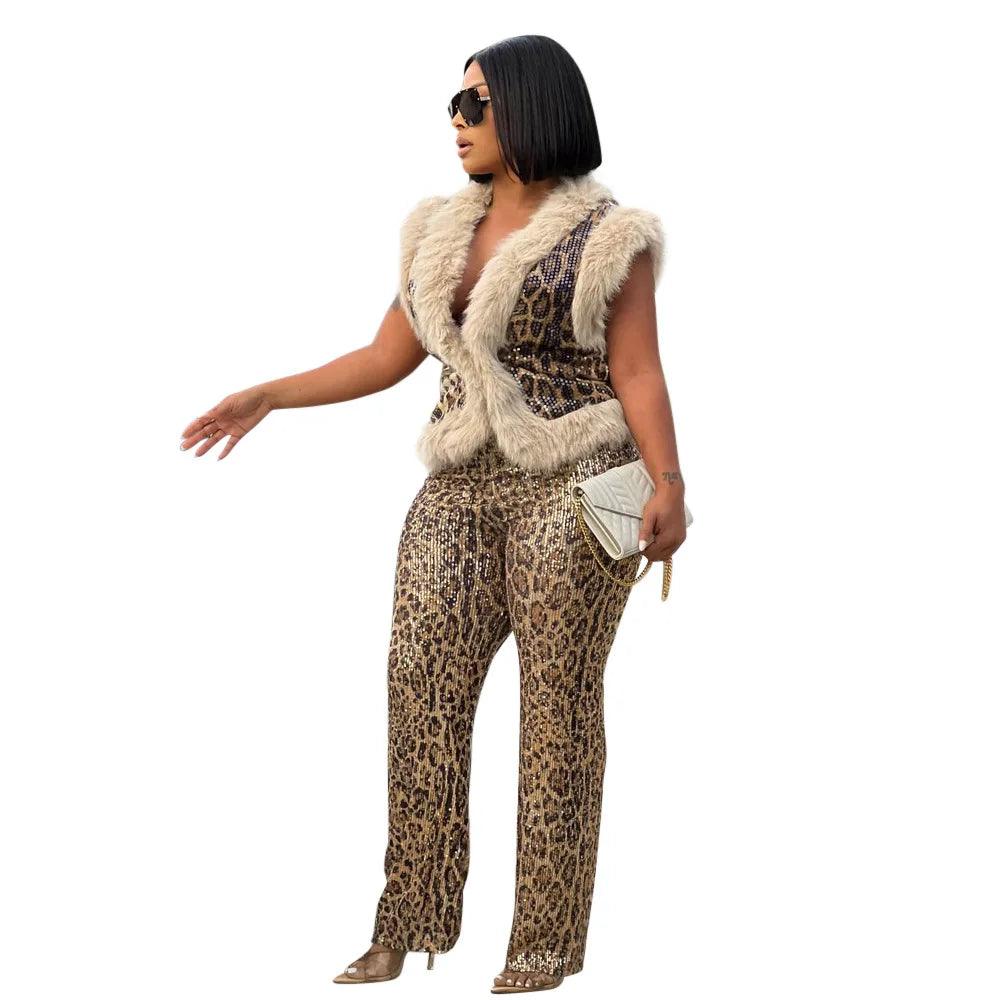 Women's Set Sleeveless Fur Leopard Sequined V-neck Wool Vest and Pant Suits 2024 Street Two 2 Piece Set Outfit Tracksuit - So Real Fashion