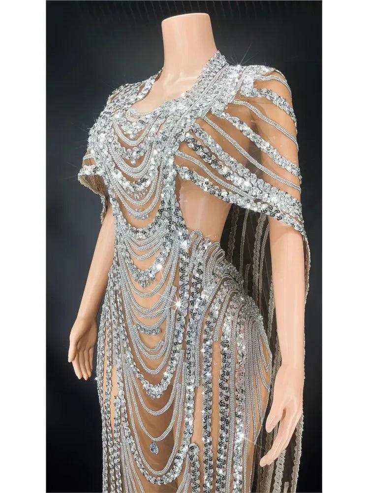 Silver Sequin Women's Elegant Designer Fashion Long Dress - So Real Fashion