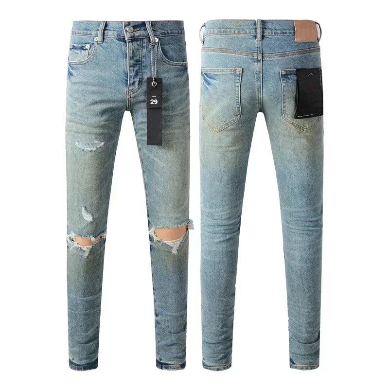 Purples Jeans Men denim pants distressed slim fitting paint brands Fashion Repair Low Rise Skinny Denim pants - So Real Fashion