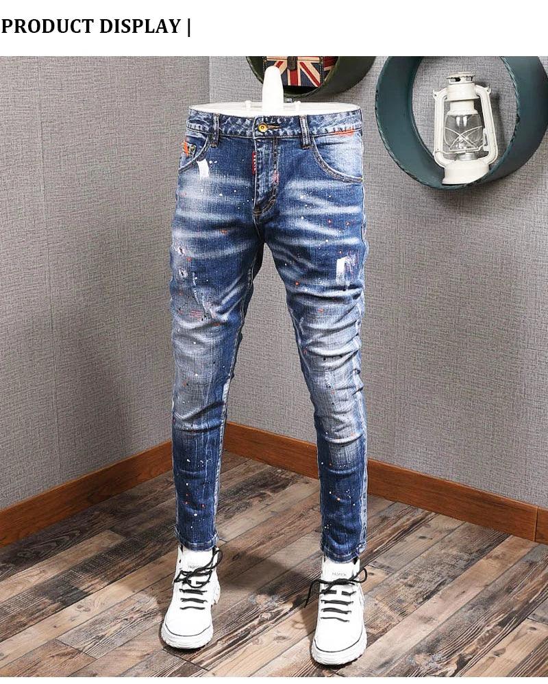 Fashion Streetwear Men Jeans Retro Blue Elastic Slim Fit Ripped Jeans Men Painted Designer Elastic Hip Hop Denim Pencil Pants - So Real Fashion