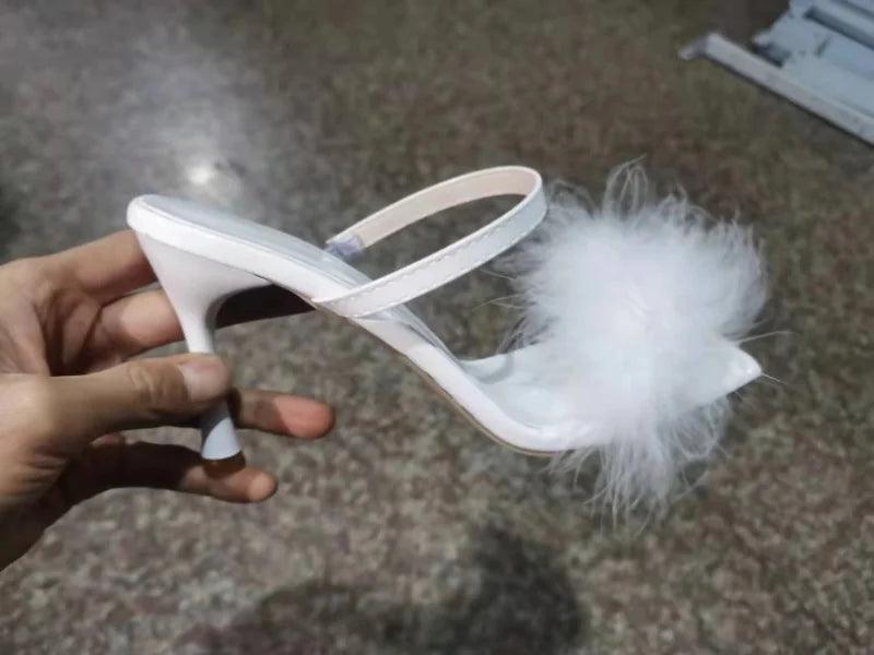 Comemore Transparent Pumps Slip-On Thin Heel High Heels Slide Slipper Womens Party Shoes Nightclub White Women's Sandal Size 43 - So Real Fashion