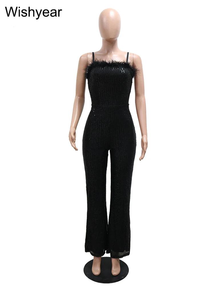 New Elegant Sexy Sequin Feather Patchwork Spaghetti Strap Jumpsuits Women Sleeveless Backless Straight Birthday Rompers Overalls - So Real Fashion