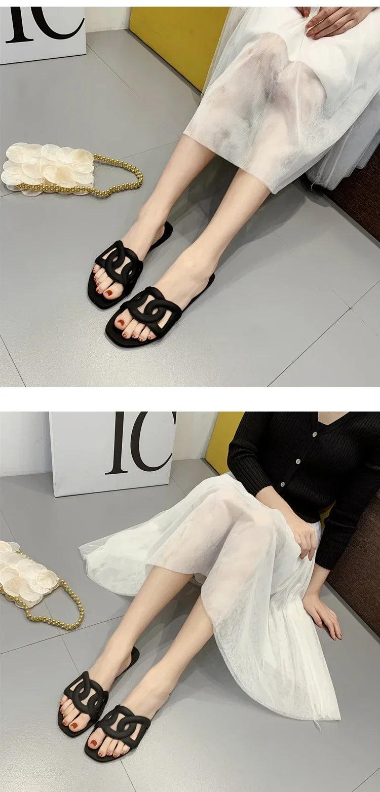 2025 New Women's Slippers Pig Nose Flat Jelly Slippers Women Open Toe One-Word Drag Net Infrared Wear Beach Sandals - So Real Fashion