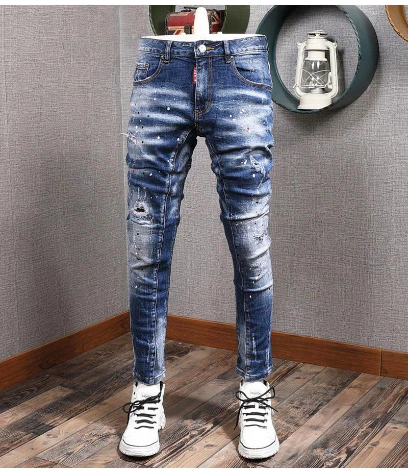 Fashion Streetwear Men Jeans Retro Blue Elastic Slim Fit Ripped Jeans Men Painted Designer Elastic Hip Hop Denim Pencil Pants - So Real Fashion