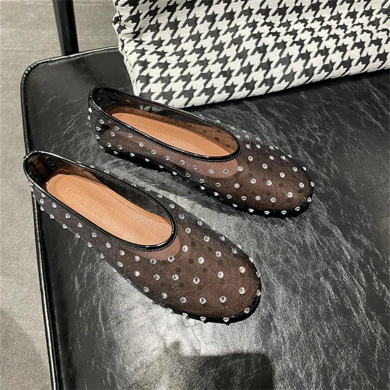 Mesh Breathable Rhinestone Women Shoes Sheepskin Insole Round Toe Ladies Ballet Dancing Shoes Soft Zapatos Mujer 2024 Tendencia - So Real Fashion