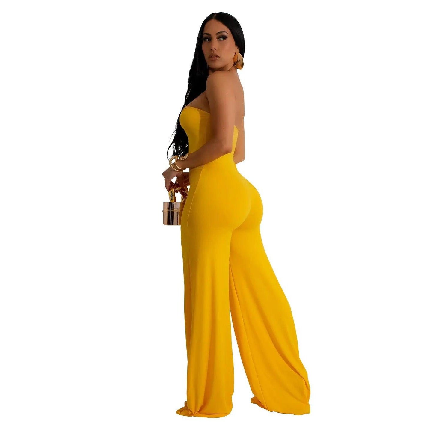 LKF Fashion Party Women's Jumpsuit Solid Color Chest Wrap Off Shoulder Hollow Fit Sexy Wide Leg Long Jumpsuit - So Real Fashion