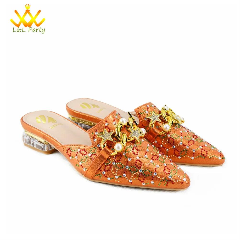 Low Heels Comfortable Sweet Style Italian Design Shoes Matching Bag Set in Orange Color High Quality with Crystal for Dress - So Real Fashion