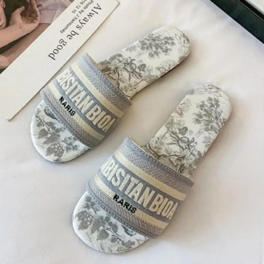 Women's Fashion Flat Slippers Summer New Round Head Open Toe Letter Embroidery Soft Soled Non-slip Sandals - So Real Fashion