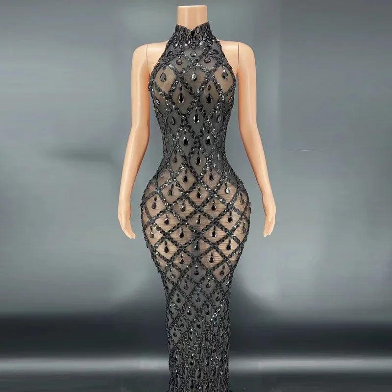 Women Sexy Sparkly Rhinestone Silver Dress Backless Cocktail Wedding Guest Evening DressBackless Transparent Long Dress - So Real Fashion