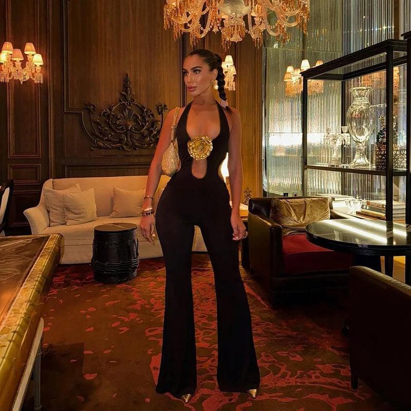 Women Halter Neck Gold Flower Black Jumpsuits Sexy Sleeveless Bandage Backless Hollow Out Flare Pants Evening Party Overalls - So Real Fashion