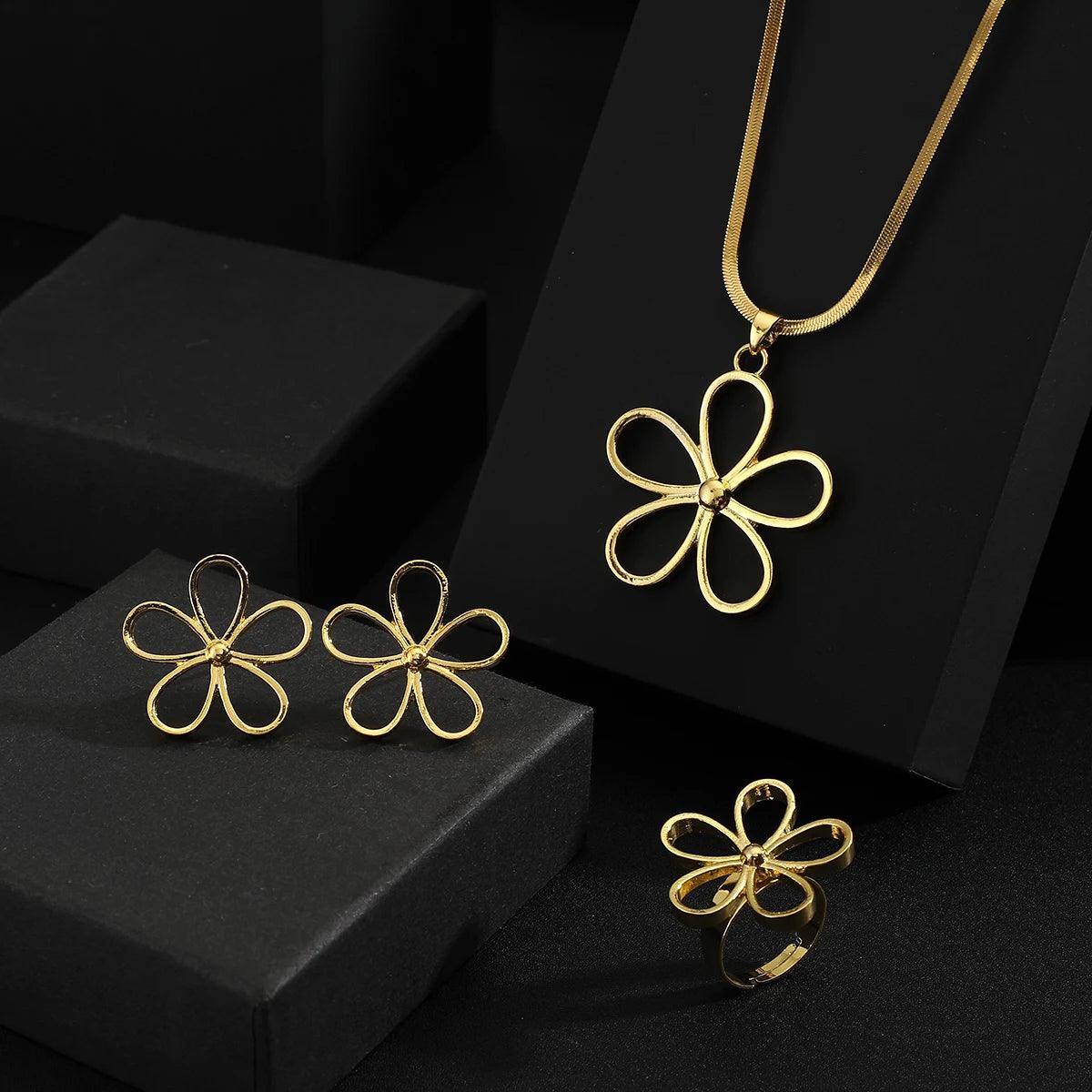 Golden Stainless steel necklace + earrings + ring Set for Women's Jewelry glossy round geometric flowers Pendant Fashion Gift - So Real Fashion