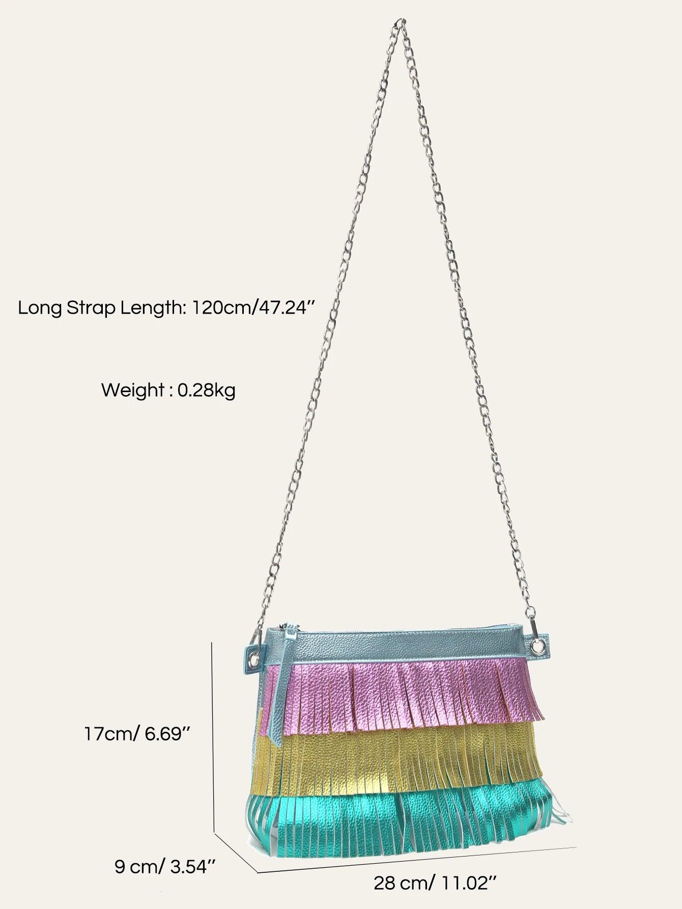 Vegan Leather Colorful Tassel Fringe Handbag Women Fashion Chic Chain Shoulder Cross body Bag - So Real Fashion