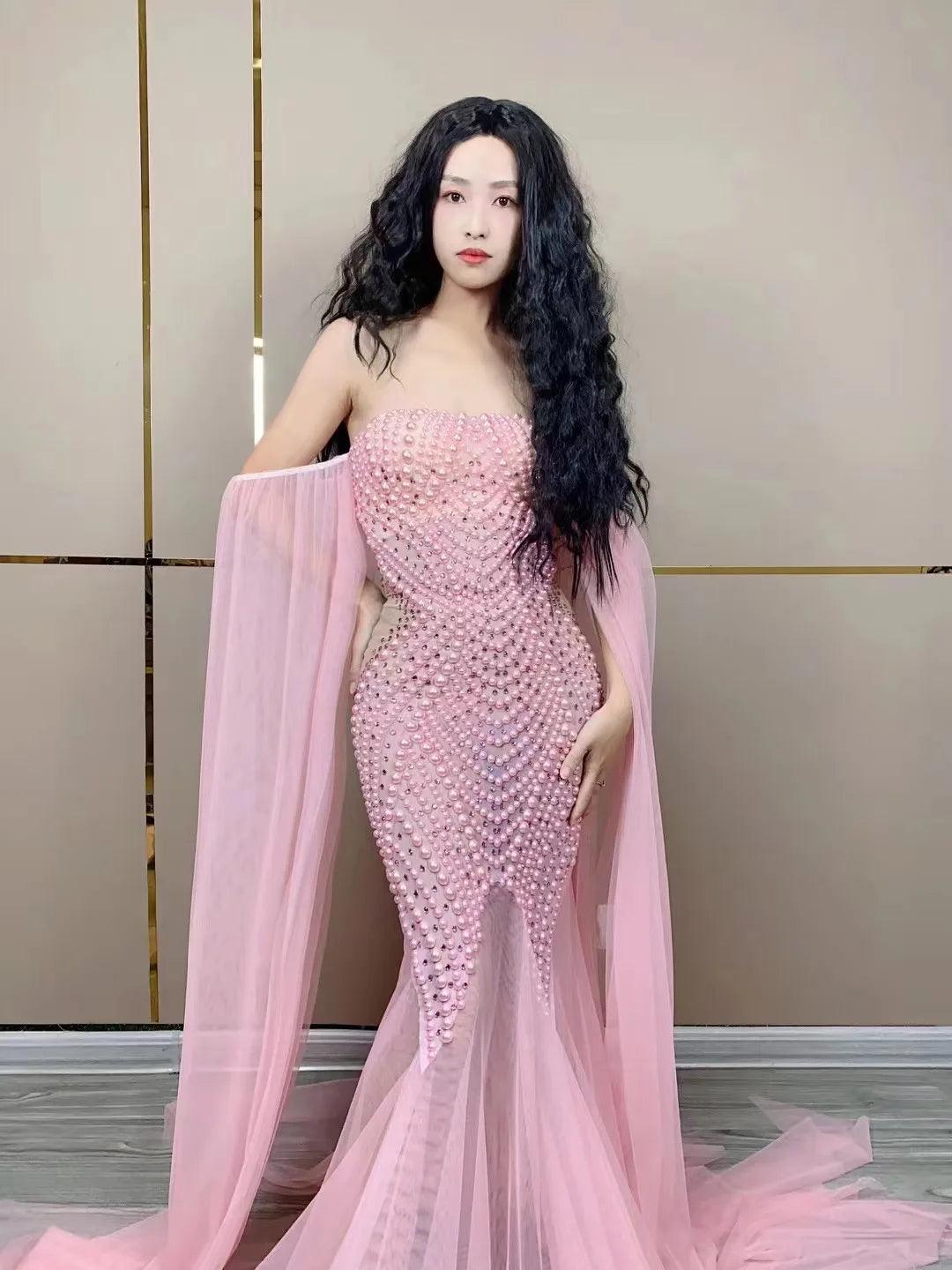 Sexy Stage Pink Mesh Pearls Dress Women Dance Costumes Birthday Bar Nightclub Party Dress Female Singer Performance Stage Outfit - So Real Fashion