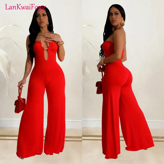 LKF Fashion Party Women's Jumpsuit Solid Color Chest Wrap Off Shoulder Hollow Fit Sexy Wide Leg Long Jumpsuit - So Real Fashion