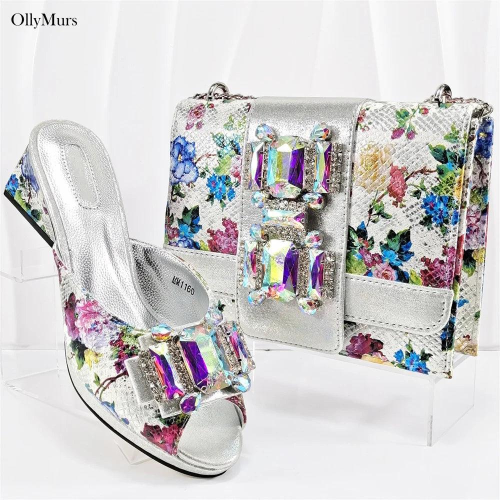 Latest Design High Heels Shoes And Bag Set Hot Selling Fashion PU With Rhinestone Shoes And Bag Set For Party On Sale - So Real Fashion