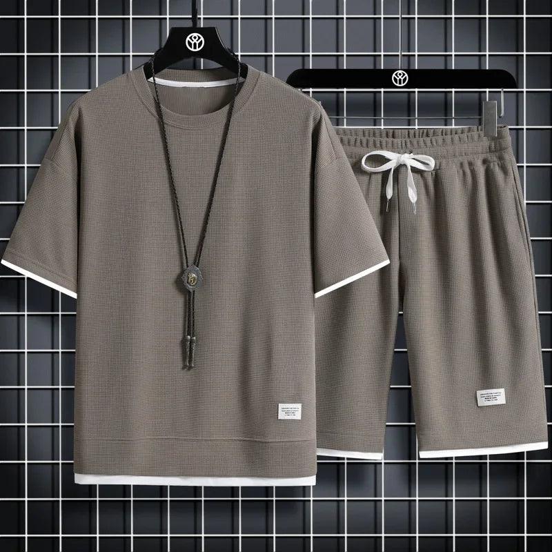 Men's new Waffle Summer Suit 2024 Casual T-shirt + Shorts Suit Men's Tracksuit Solid color tracksuit loose suit - So Real Fashion