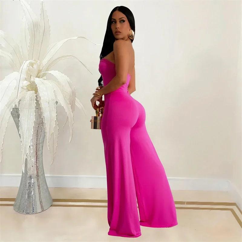 Metal Ring Tube Strapless Wide Leg Overall Jumpsuit Women Elegant Sleeveless Backless Rompers Night Club Party Birthday Outfits - So Real Fashion