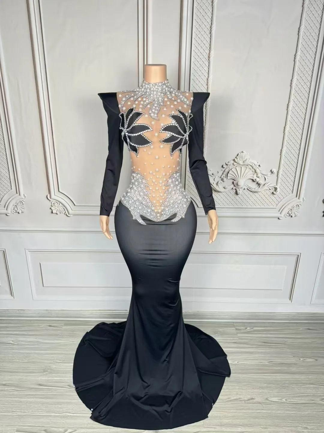 Sparkly Rhinestones Pearls Floor Length Dress Women Sexy Stage Mesh Evening CLub Prom Wedding Celebrate Birthday Photoshoot Wear - So Real Fashion