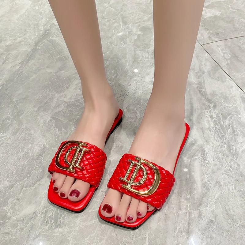 Women Slippers Luxury Decor Weave Designer Flat Sandals Fashion Open-toe Vacation Slides Women Party Sexy Elegant Slippers Women - So Real Fashion