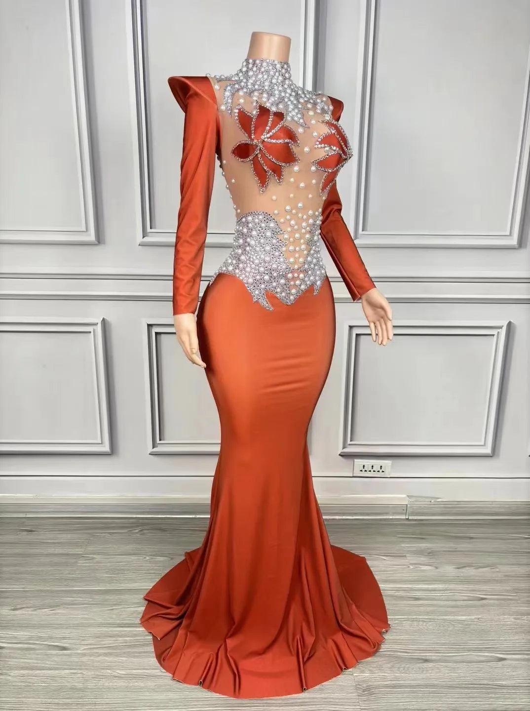 Sparkly Rhinestones Pearls Floor Length Dress Women Sexy Stage Mesh Evening CLub Prom Wedding Celebrate Birthday Photoshoot Wear - So Real Fashion